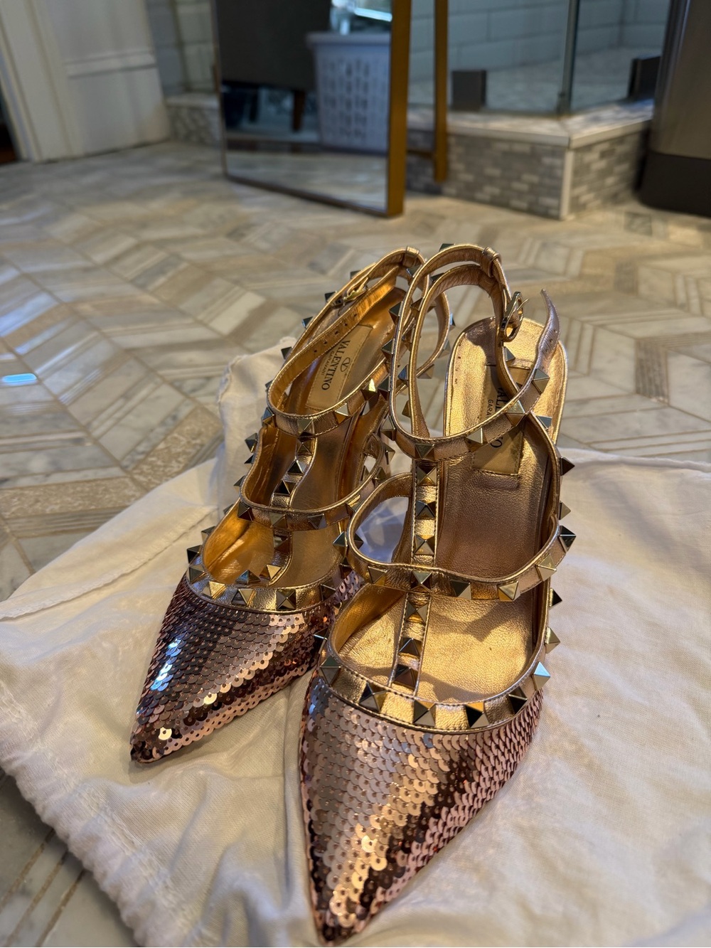 Valentino Rockstud Rose Gold Sequin Studded Pointed Slingback Heels